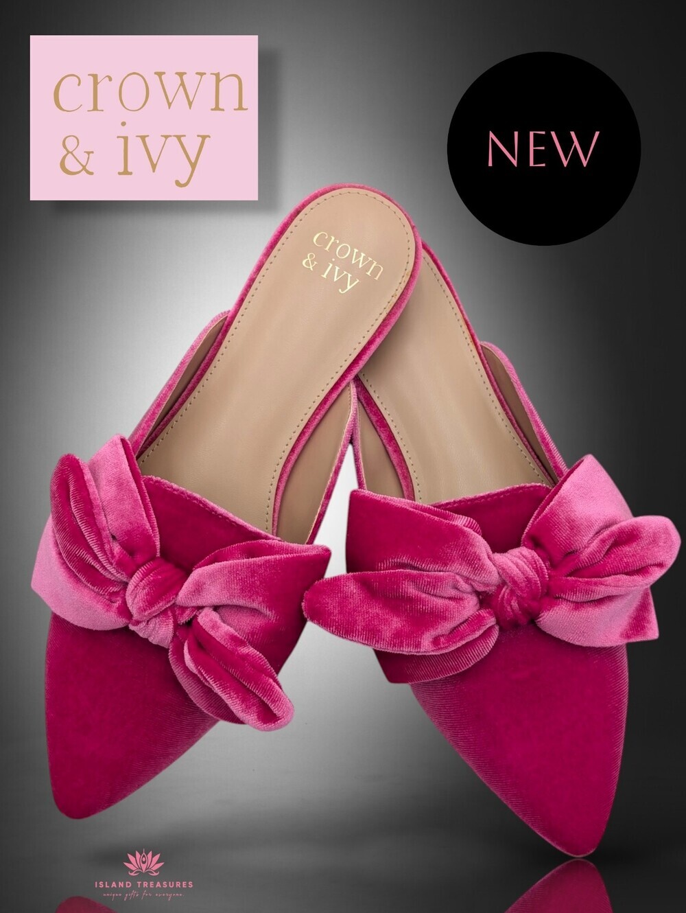 Crown & Ivy "Elise" Size 8.5M Fuchsia Velvet Gorgeous Bow Slip-On Mule Flats
